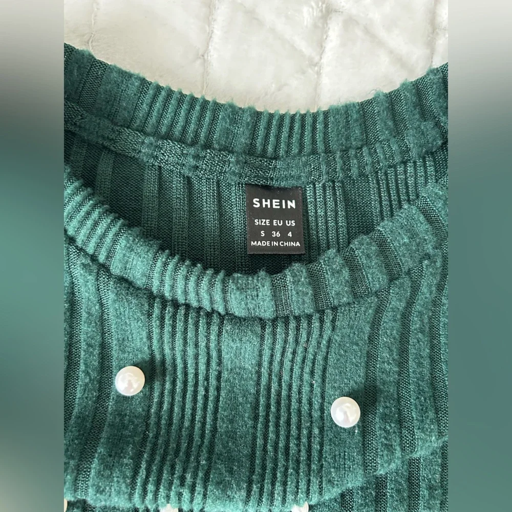 SHEIN | Dark Green Rib Knit Lightweight Sweater with Pearl Detail | Size Small - Picture 5 of 10